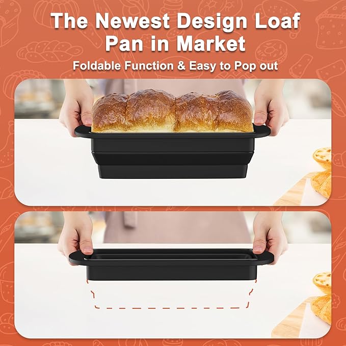 Foldable Silicone Loaf Pan with Metal Reinforced Rim Support - Nonstick Silicone Baking Mold for Homemade Loaf, Bread and Meatloaf - (9"x4"x2.5", Black, 1 Piece)