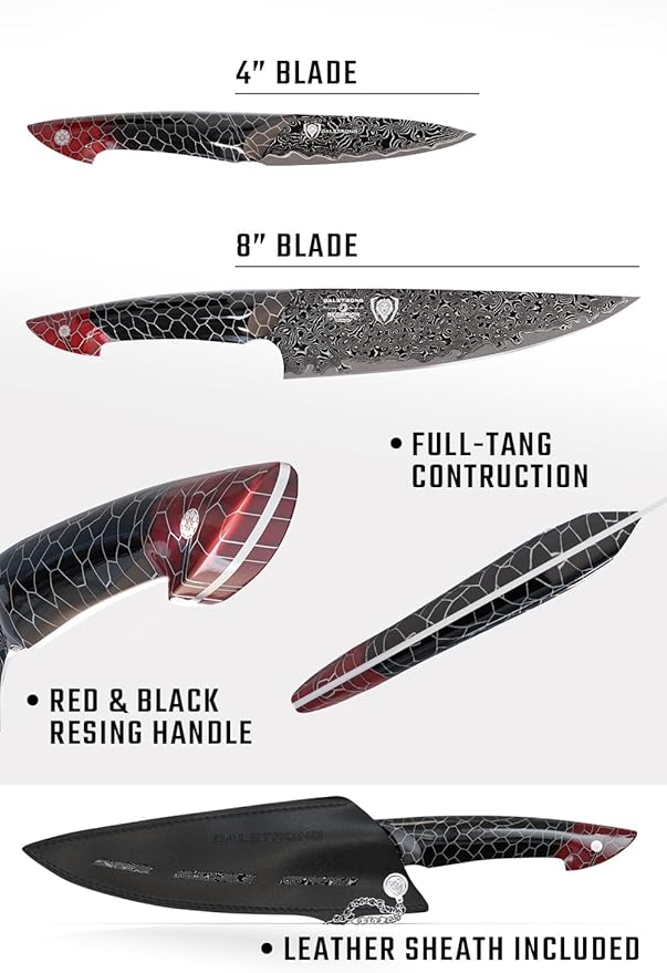 Dalstrong 2 Piece Knife Set - Chef Knife 8"+Paring Knife 4"-Scorpion Series Hellfire-Japanese V12 Ultra™Steel-Black Damascus-Black & Red Honeycomb Resin Handle-Leather Sheath