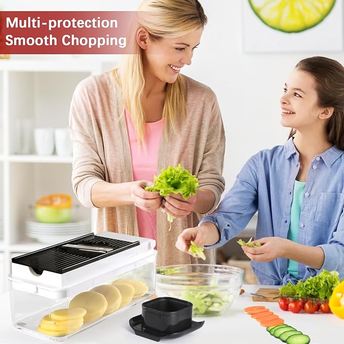 Vegetable Chopper, Onion Chopper Dicer, Mandoline Slicer, Food Chopper with Container, Vegetable Cutter for Salad Potato Carrot Garlic(9 Blades, White Black)