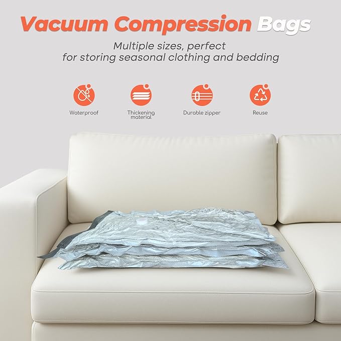 Vacuum Storage Bags for Clothing Travel, 8 Pack 29" Vacuum Seal Bags with Wireless Charging Pump Compression Packing for Clothes Suitcase Luggage Travel
