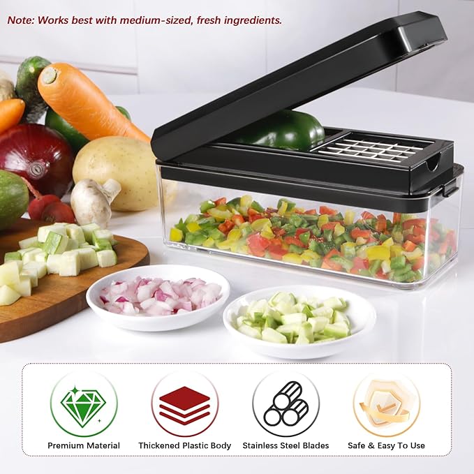 Vegetable Chopper, Onion Chopper Dicer, Mandoline Slicer, Food Chopper with Container, Vegetable Cutter for Salad Potato Carrot Garlic(2 Blades, Black)