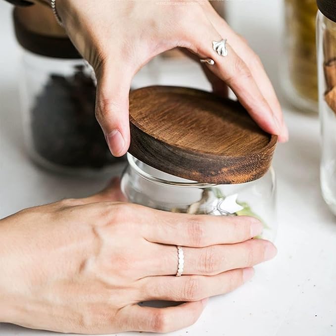 Glass candy Containers - 16oz kitchen Glass Airtight Storage jar With Acacia Airtight Lid,for kitchen Seasoning, coffee bean, tea, suger, herbs (9)