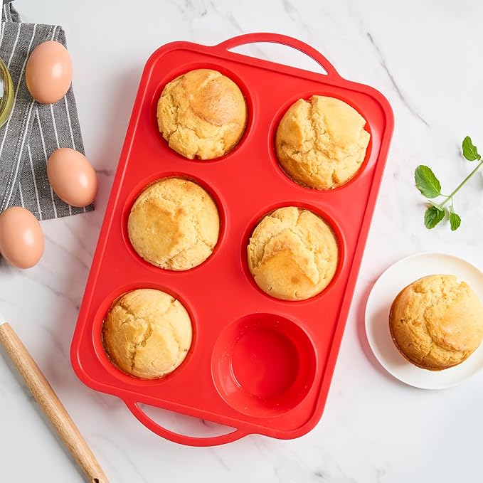 2 Pack Jumbo Muffin Pans with Metal Frame, 6 Cup Large Cupcake Molds with Handles, Silicone Egg Bite Baking Trays, BPA Free & Non-Stick