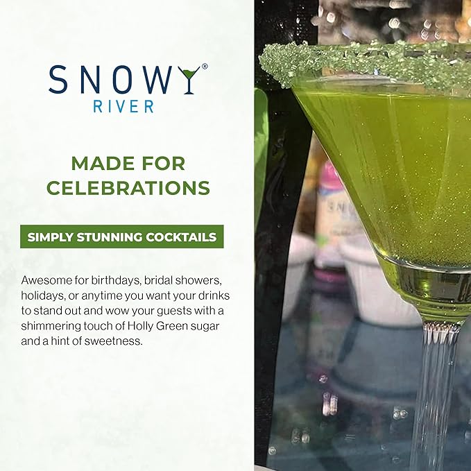 Snowy River Holly Green, Cocktail & Margarita Sugar Rimmer - Vibrant Naturally Colored Sugar for Cocktail Rimming, Baking & Decorating, Medium Crystal - 16oz