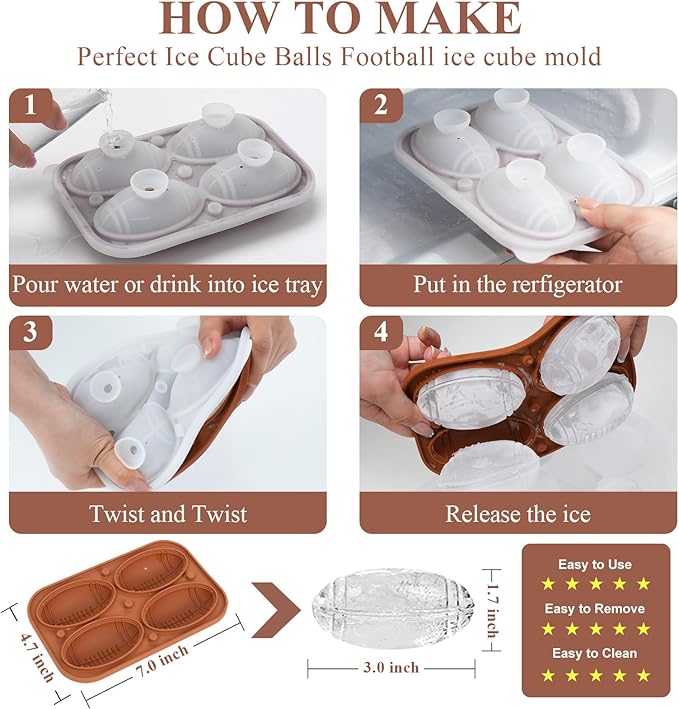 Whiskey Ice Cubes Mold,Football Gift Ball Ice Maker Mold,Fun Shapes 2.5 INCH,Football ice mold for Super Bowl Party,Football Accessories for Men,Silicone Ice Cube Tray for Cocktails,Bourbon