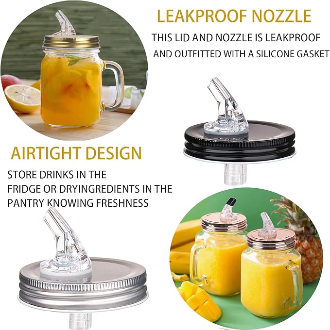 Mason Jar Pour Spouts. free flow Mason Jar Pour Spouts, mason jar for spout regular mouth size 70mm dispenser germination cover. Leak-Proof 22-Pack + 44 Black Lid Caps (22 Pack silver color)