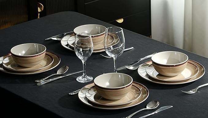 Melamine Dinnerware Sets, Dinnerware Sets for 4, 12Pcs Plates And Bowls Sets, Lightweight and Unbreakable Dish Set for Camping, Picnic,RV, Dishwasher Safe,BPA Free(Brown)