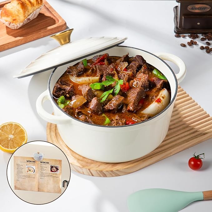 Enameled Cast Iron Dutch Oven Pot with Lid Heavy-Duty Cookware for Bread Baking, Braising, Stews, Roasting,5.5QT,creamy white