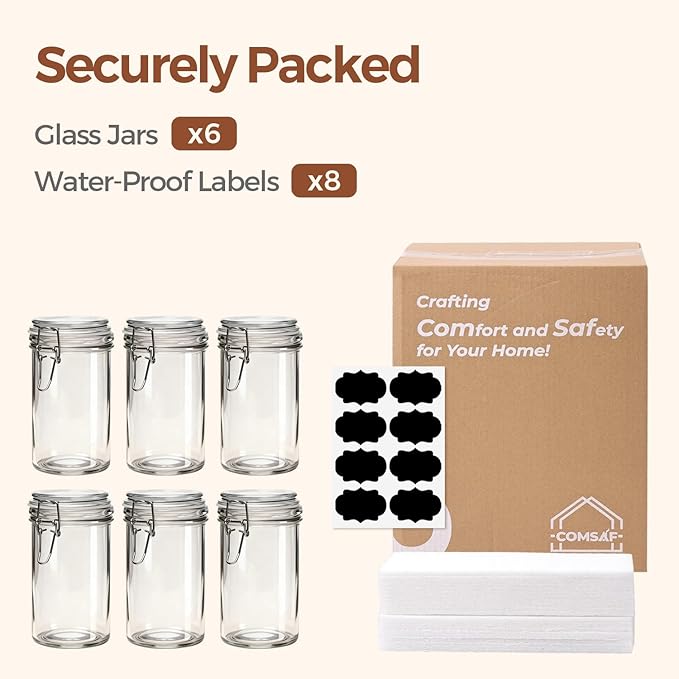 ComSaf Glass Jars with Airtight Lid Set of 6,Mason Jars 17 oz with Lids, Pint Jar, Canning Jar, Airtight Canister with Seal Wire Clip Fastening for Vanilla, Pickle, Cookie, Honey