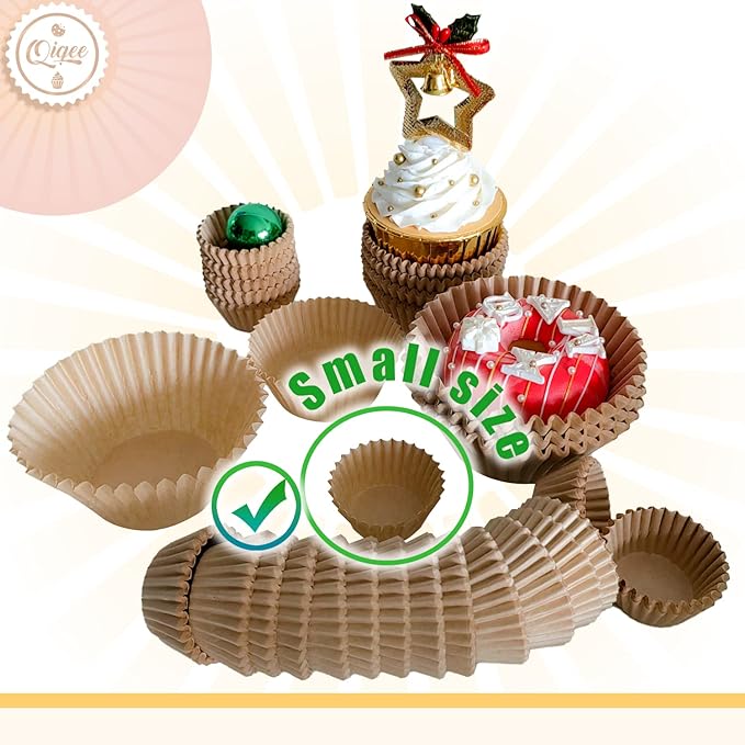 qiqee 600 Count Mini Cupcake Liners Natural Muffin Liners Food Grade Brown Baking Cups Paper No Smells(Small Size)