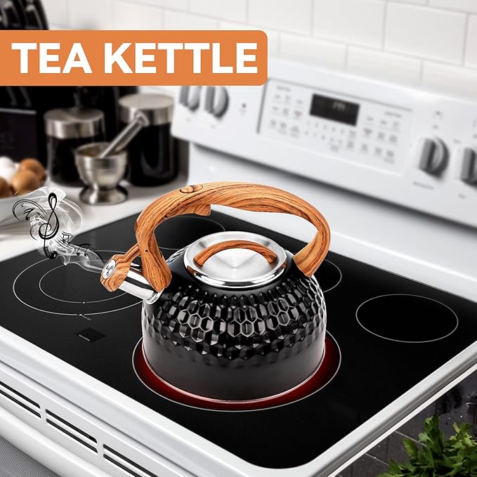Whistling Teapot, 2.6 Qt 304 Food Grade Stainless Steel Tea Kettle with Heat-resistant Handle, Durable, not Rust,One-button Switch(BLack)