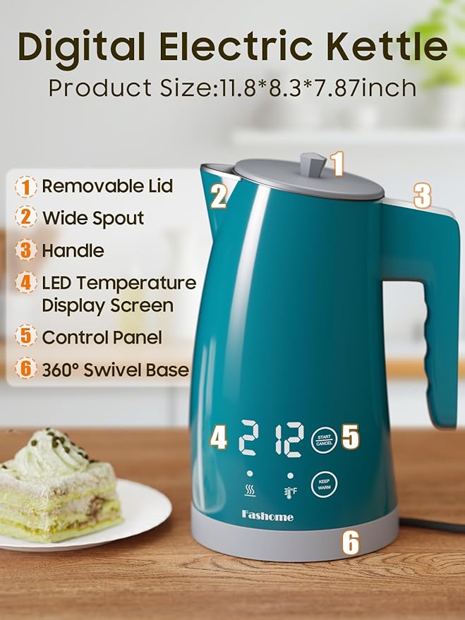 Temperature Control Electric Kettle, 5 Temp Presets, 2H Keep Warm,1.25L 1200W Fast Boil with LED Display, Cool-Touch Design with Auto Shut-Off, Cordless Design, Ideal for Tea and Coffee(Green)