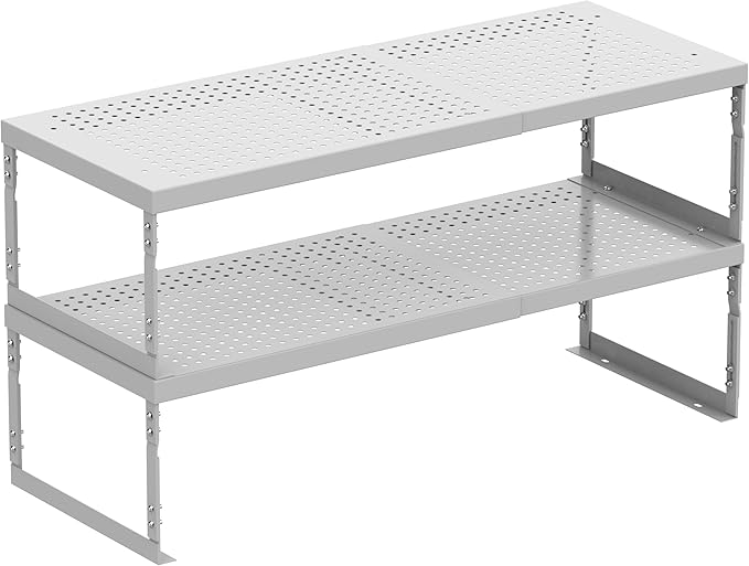 Stackable Expandable Metal Shelf Organizer - Adjustable Wire Storage Rack with Holes for Kitchen, Bathroom, Cabinet, Office - Space Saving, Durable & Sturdy Design(2PACKS/Medium/White