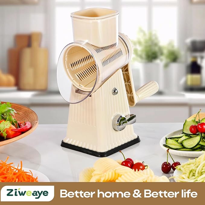 Xilrvna RotaryCheese Grater,VegetableShredder 5 in 1 Cheese Grater with HandleedderReinforcedSuction,EasytoClean,KitchenChopperforCrushedIce,Fruits and Nuts with Blade Storage Case(White