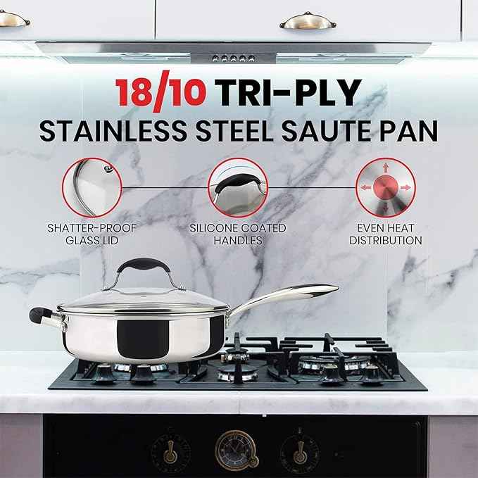 AVACRAFT 18/10 Tri-Ply Stainless Steel Saute Pan with Lid, Helper Handle, Induction & Stovetop, Versatile Stainless Steel Skillet, Cookware (3.5 Quarts)