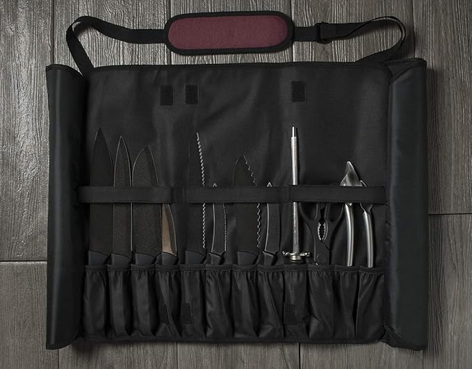 Asaya Chef Knife Roll Bag - 20 Total Pockets for Knives and Kitchen Utensils - Made with Stain Resistant Waxed Nylon - For Chefs and Culinary Students - Knives Not Included(Red)