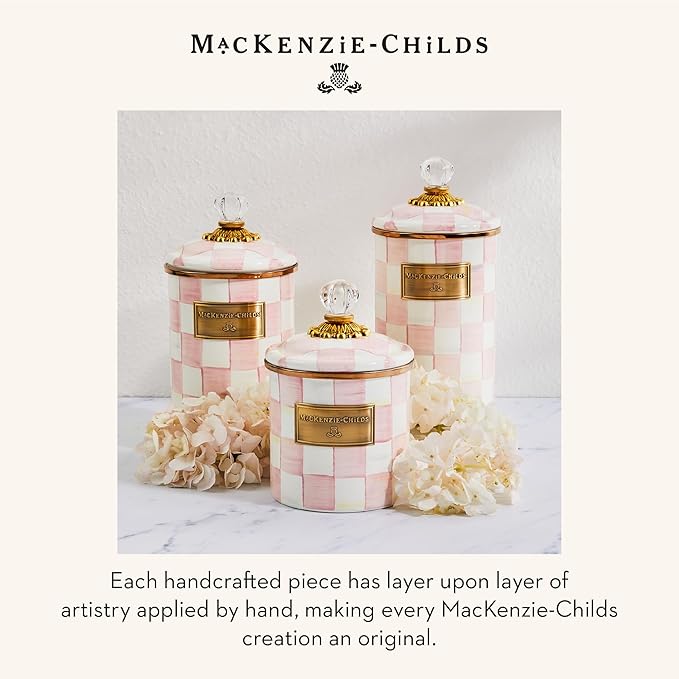 MACKENZIE-CHILDS Medium Enamel Canister, Kitchen Storage Container for Flour and Sugar, 1.42 Liters, Pink-and-White Rosy Check