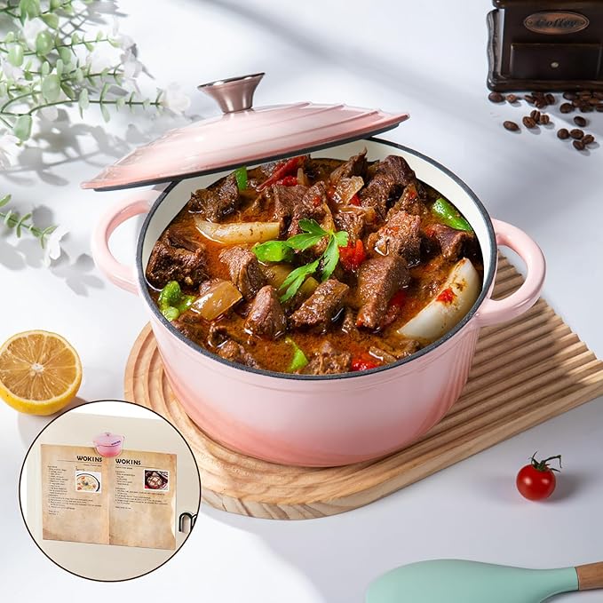 Enameled Cast Iron Dutch Oven Pot with Lid Heavy-Duty Cookware for Bread Baking, Braising, Stews, Roasting,7QT,pink