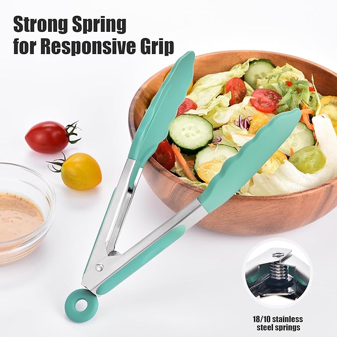 Doosu Kitchen Tongs for Cooking - 600°F Heat Resistant Food Tong Set with Non-Scratch Silicone Tips, Heavy Duty Stainless Steel Locking Tong for BBQ, Grilling Steak, Serving (7+9+12in, Aqua Sky)
