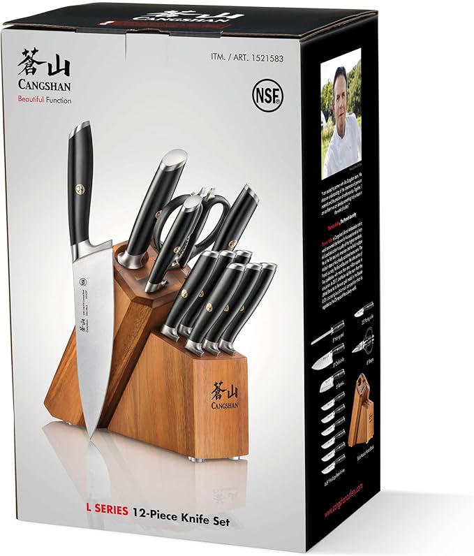 Cangshan L Series 12-Piece Knife Block Set with 6 Steak Knives, Forged German Steel, Acacia Block, Black, 1026061