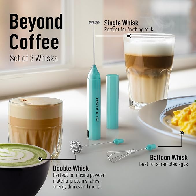 Zulay Kitchen FrothMate Powerful Milk Frother Portable & Compact Handheld Foam Maker Lattes, Cappuccinos (Aqua, Froth N Go)