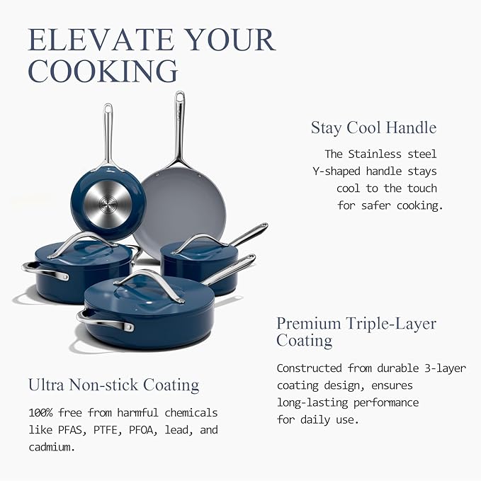 Ceramic Cookware Set Nonstick Pots and Pans Set with Lid PFAS-Free Non Toxic Cookware Set with Advanced G7 Ceramic Coating, Oven Safe Up To 500ยฐF, Quick & Even Heat Distribution, Navy Blue