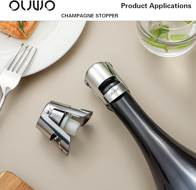 Champagne Stopper 6 Pack Stainless Steel Champagne Save with Food Grade Silicone,Leak-Proof Bubble Retaining Saver,Suitable for Champagne Prosecco Cava and Sparkling (Silver)