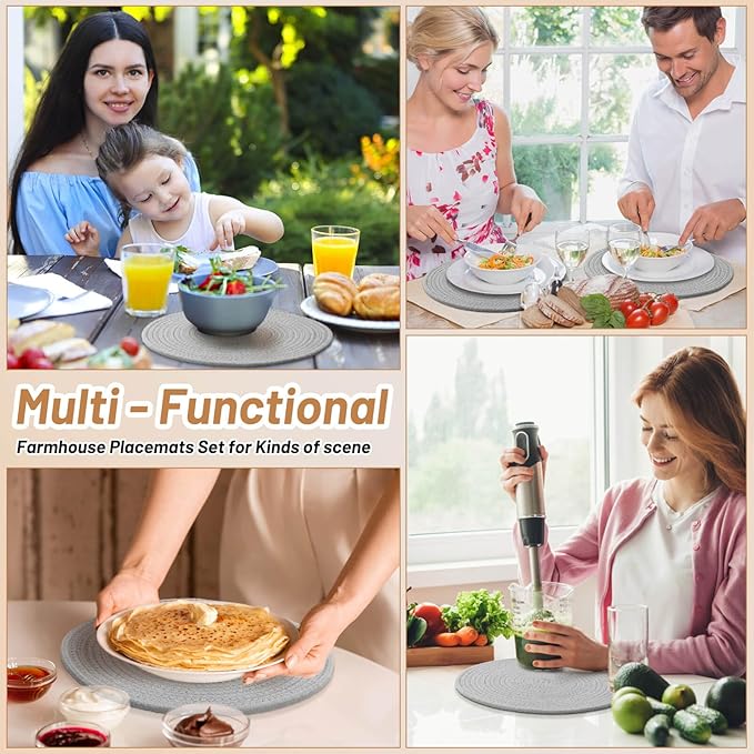 Billbotk Round Woven Placemats Set of 4, 13 Inches Table Place Mats for Dining Table, Hot Pads for Kitchen, Trivets for Hot Dishes, Pots and Pans,Tabletop Accessories(LightGray) 