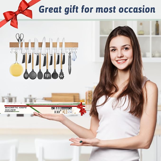 23 Inch Magnetic Knife Holder for Wall - Pailexin Wooden Magnet Knife Strip No Drill with 15 Hooks/Adhesive Tape/Screws, Kitchen Utensil Holder, Magnetic Knife Organizer, Wall Mounted Knife Storage