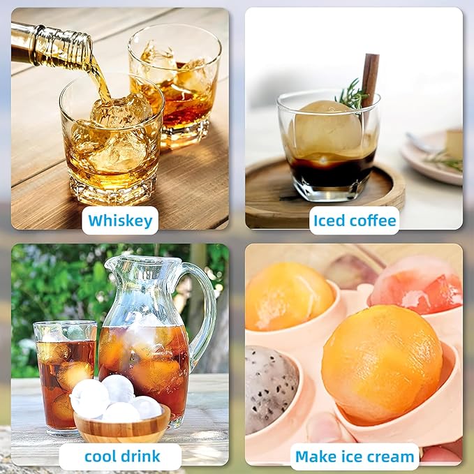 HONYAO Silicone Whiskey Ice Ball Mold - 2.4 Inch Large Ice Cube Trays Molds Silicone with Lids - Ice Sphere Maker for Cocktails, Bourbon, Rum - 4 Iceballs