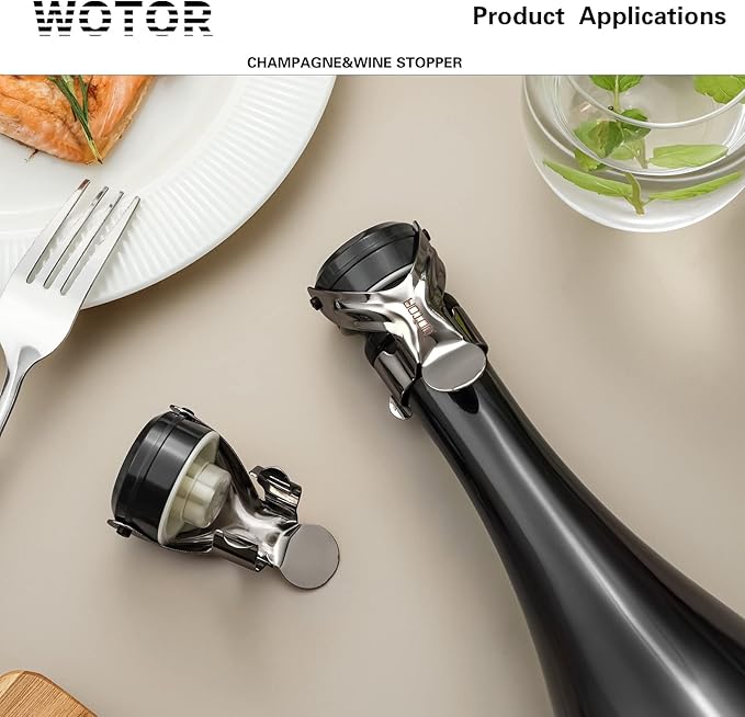 WOTOR Champagne&Wine Bottle Stoppers Stainless Steel with Food Grade Silicone, Leak Proof Keep Fresh Reusable Saver, Cork Suitable for Wine, Champagne, Cava, Prosecco and Sparkling (8 Pack Black)