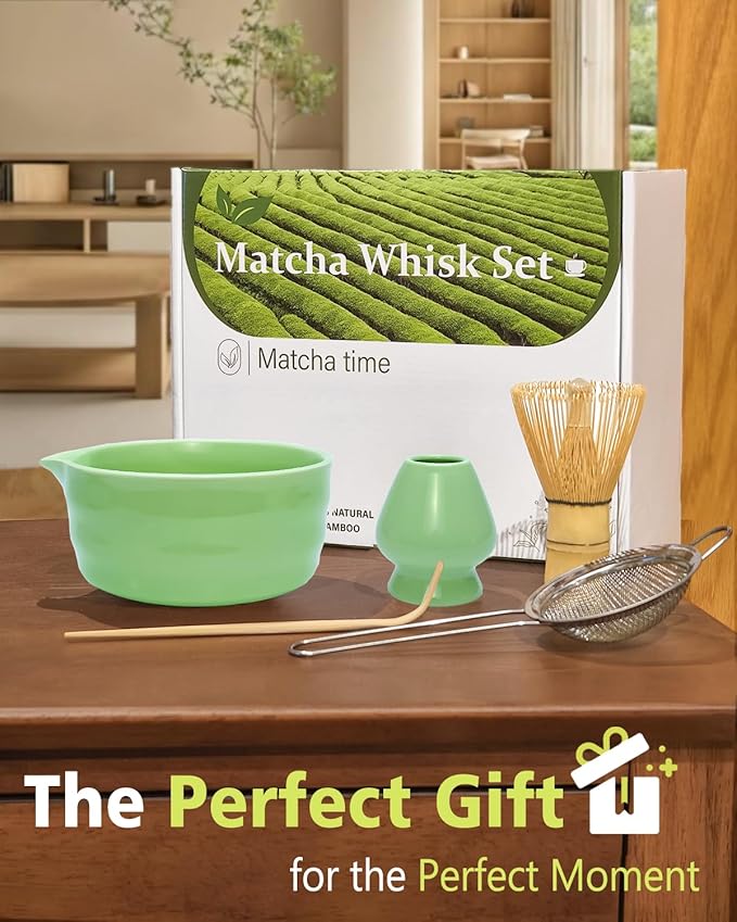 Matcha Whisk Set with Matcha Bowl, Matcha Whisk Holder Matcha Bamboo Whisk, Scoop, Sifter, Unique Gifts for Women Men Girl Friend Home Kitchen Decor(Light Green)