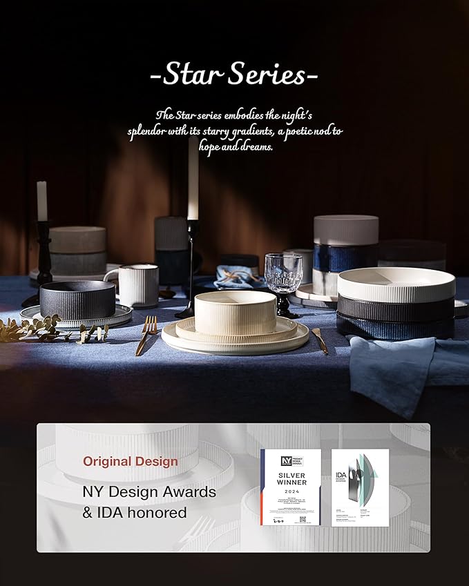 famiware Star 8.25" Pasta Bowls, Large Dinner Bowls Set of 4, Salad Bowl Plates, Shallow Bowls for Eating, Matte Dark Charcoal (Full Glaze)