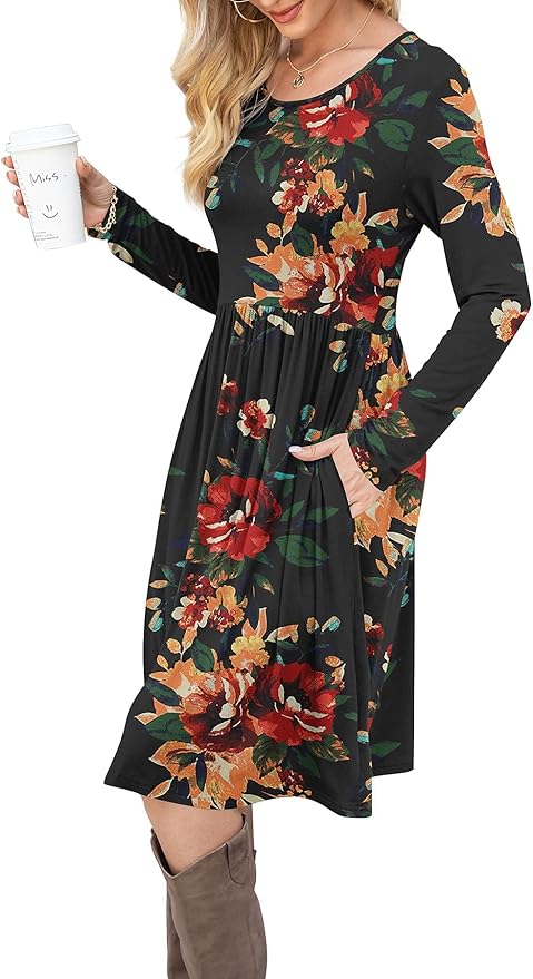 DB MOON Women Casual Long Sleeve Dresses Empire Waist Knee Length Loose Dress with Pockets