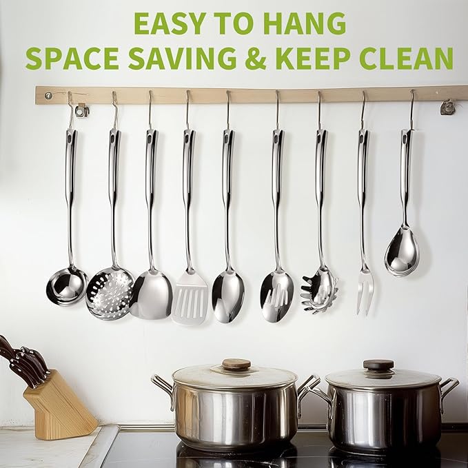 304 Stainless Steel Kitchen Cooking Utensils Set - 9 PCS Serving Utensils, Include Skimmer, Soup Ladle, Spaghetti Server, Wok Spatula, Slotted & Solid Spoon, Slotted Spatula Turner, Meat Fork (Silver)