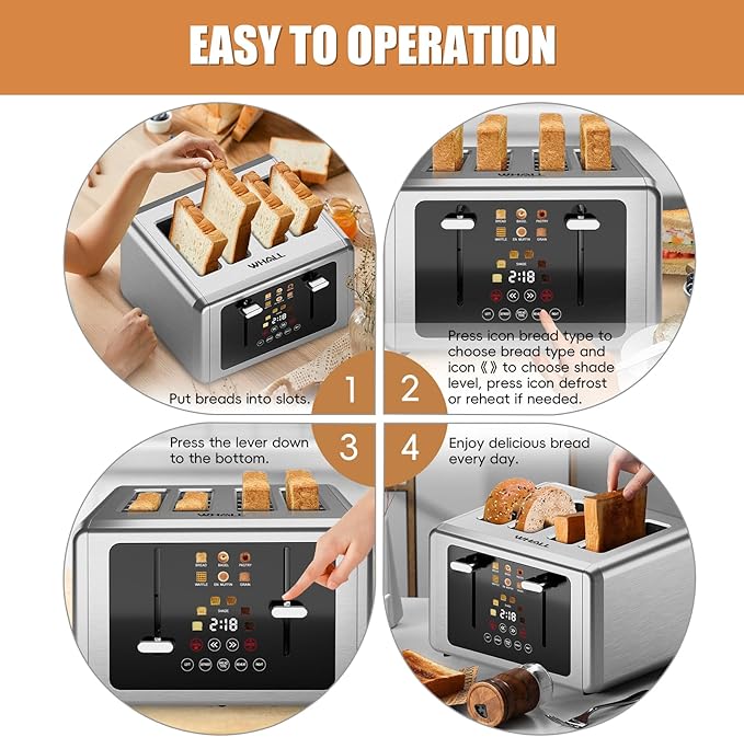 whall 4 Slice Touch Screen Toaster, Stainless Steel Toasters Digital Timer, Dual Control Panel Toasters,6 Shade Settings&6 Bread Types, Smart Wide Slots, Bagel, Cancel, Defrost