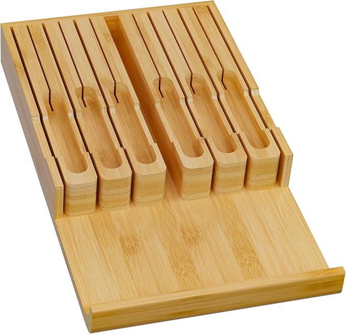 Domax Bamboo In-drawer Knife Block - Knife Drawer Organizer Insert Large Handle Steak Knife Holder, Kitchen Drawer Knife Organizer Fits for 12 knives and 1 Sharpening Steel (Not Included)