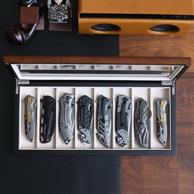 Knife Display Case Organizer storage 8 pocket knives, Folding Knife Holder with Real Glass Window Top, Pocket knife collection box for men gift (Walnut Veneer 8 slot)