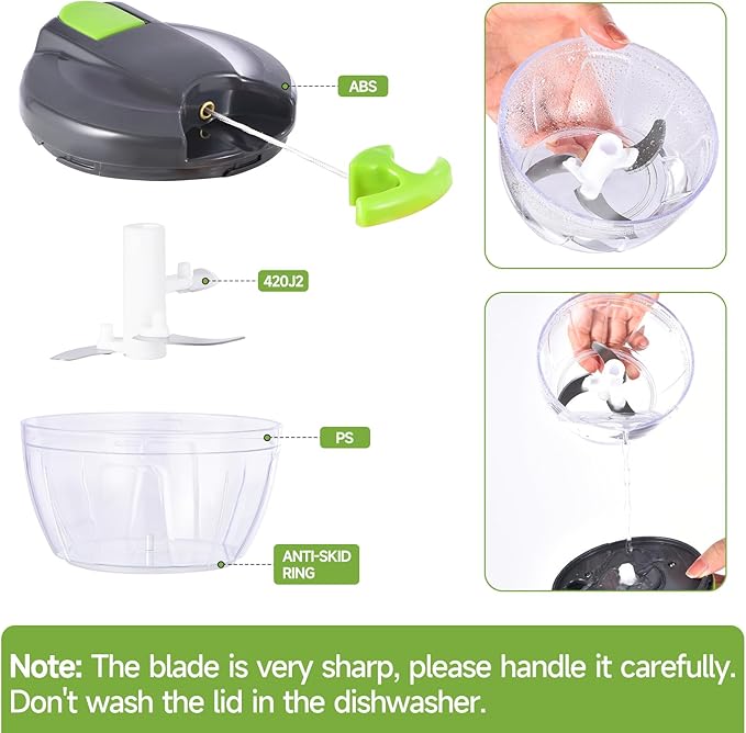Manual Food Processor Vegetable Chopper, Portable Hand Pull String Garlic Mincer Onion Cutter for Veggies, Ginger, Fruits, Nuts, Herbs, etc., 500ml,(Gray-green)