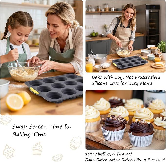 Silicone Muffin Pan for Baking with Metal Reinforced Frame,Foldable Cupcake Pan 12 Cups for Baking Homemade Muffins,Nonstick Cupcake Baking Pan Molds for Oven Dishwasher Safe With Brush and scraper