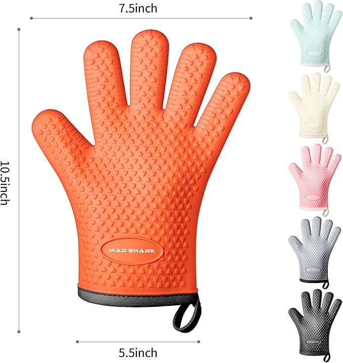 MAD SHARK Silicone Oven Mitts Heat Resistant 450 Degrees with Waterproof & Non-Slip Oven Gloves with Fingers, Silicone Oven Gloves Kitchen Mittens for Baking Cooking Barbecue (Orange)