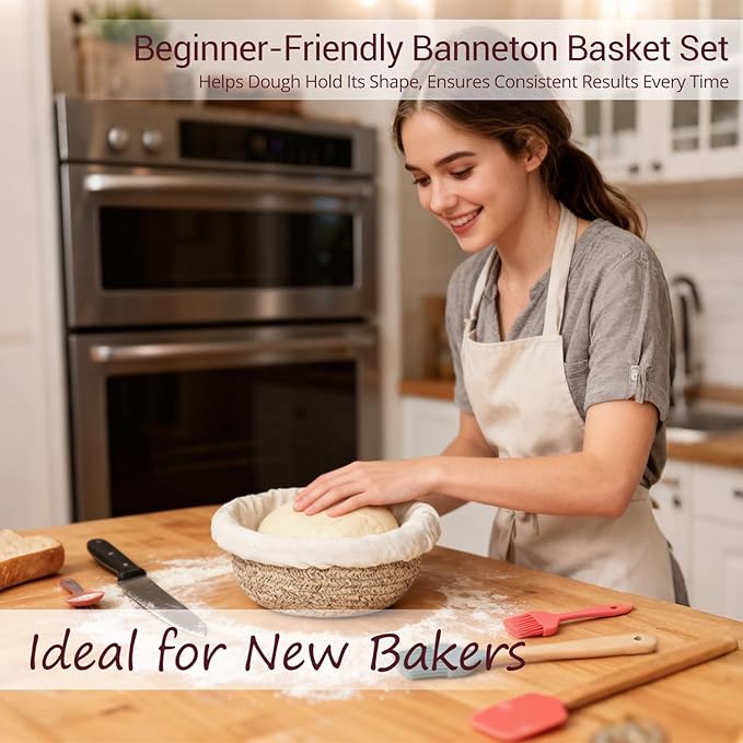 Sourdough Proofing Basket, 9" Round & 10" Oval Cotton Rope Banneton Basket Set with Washable Liners & Covers Artisan Bread Baking Supplies, Banneton Bread Proofing