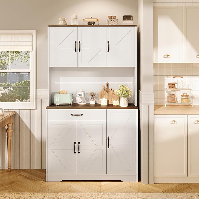 71" Kitchen Pantry Cabinet with Charging Station, Buffet Sideboard for Coffee Maker & Toaster, Storage Cabinet for Snacks, Spices & Wine, Fits Kitchen, Dining Room & Coffee Bar,White