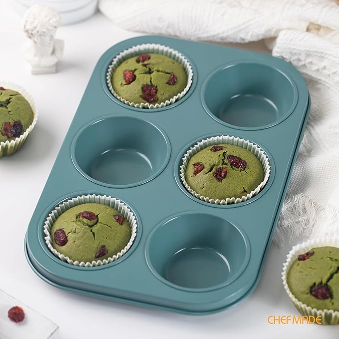 CHEFMADE Muffin Pan, 6-Cavity Non-Stick Cupcake Baking Pan Heavy Duty Carbon Steel Pan Muffin Tins Standard Baking Mold for Cakes(Green)