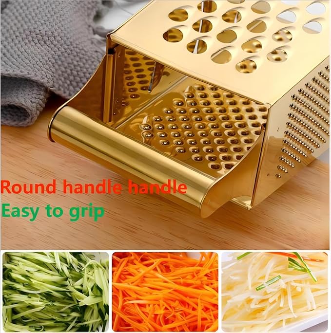 Stainless Steel 4 Sides Grater Slicer with Handle, Multifunctional Cutter Planing for Ginger, Garlic, Cucumbers, Carrots, Cheese, Potato, Ergonomic Design Kitchen Gadgets Accessories(Gold)