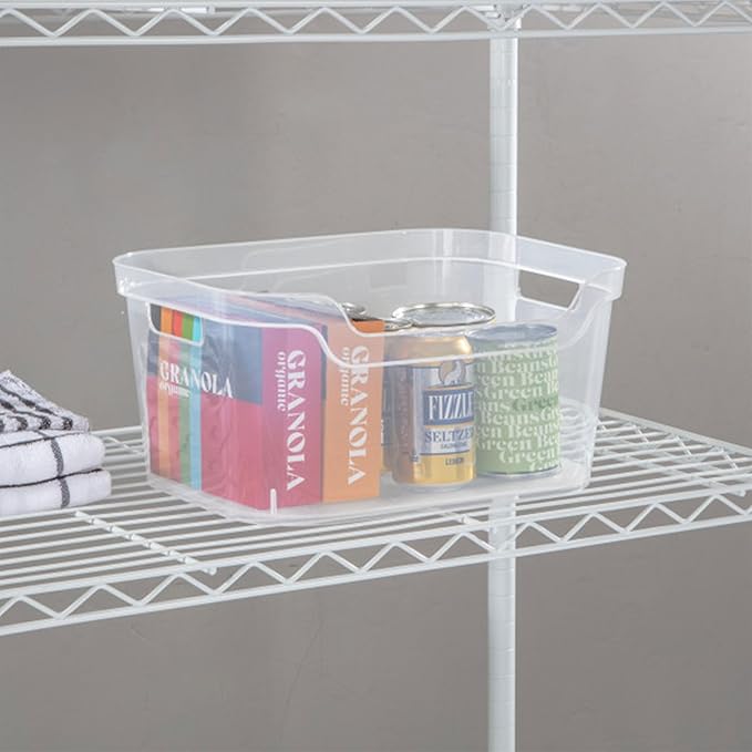 Sterilite 7 x 11 x 14.25 Inch Polished Open Scoop Front Storage Bin with Comfortable Carry Through Handles for Household Organization, Clear (12 Pack)