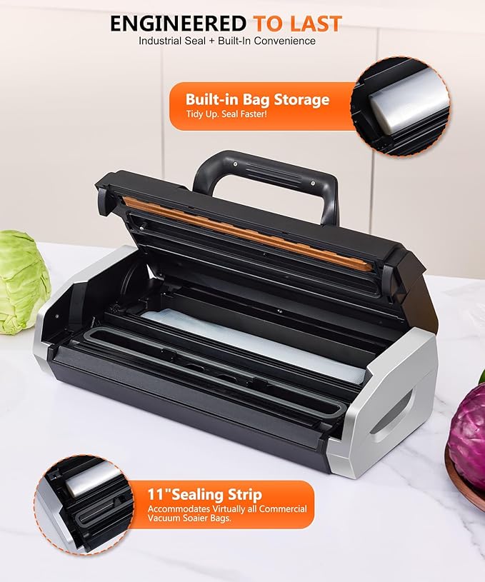 95kPa Vacuum Sealer Commercial Automatic Food Vacuum Sealer, 10-in-1 System, Auto Pop-Up Cover, Double Heat Seal, Easy-Lock Handle, Built-In Cutter with 1 Roll & 15 Bags, Black Silver