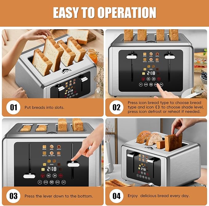 Touch screen Toaster 4 slice,Stainless Steel Digital Timer Toasters with Sound/Screen-Off Function,6 Bread Types & Shade Settings,Smart Extra Wide Slots Toaster with Bagel,Defrost,Silver