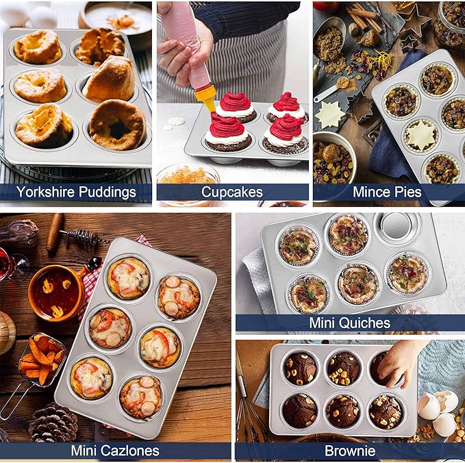 TeamFar Muffin Pan, 6 Cup Muffin Pan for Baking, Cupcake Pan Muffin Tin Tray Set Stainless Steel for Making Cakes Cornbread Quiche and More, Healthy & Durable, Oven & Dishwasher Safe