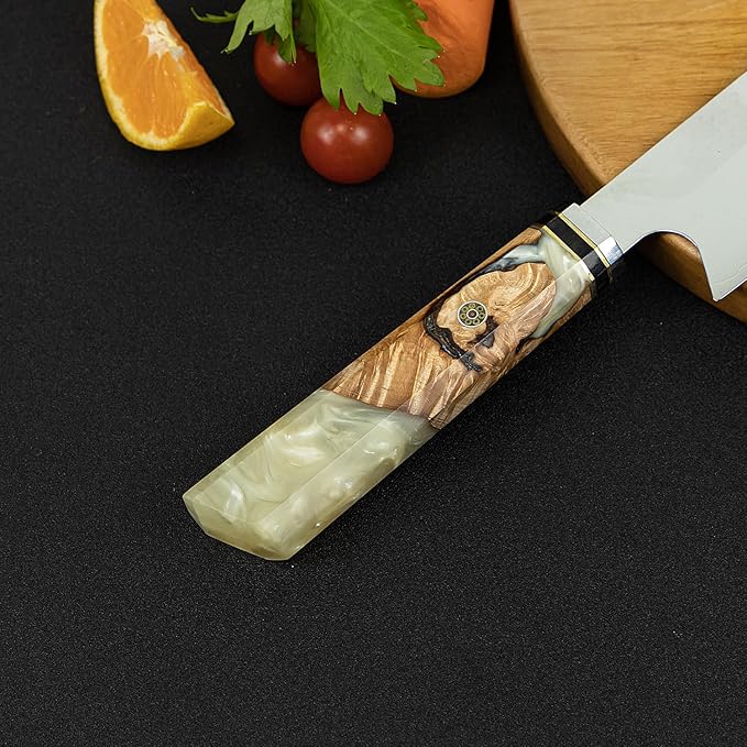 Seido Knives Kiritsuke Damascus Steel Chef Knife Epoxy Resin Stabilized Wood Handle Professional Kitchen Knife VG10 High Carbon Stainless Steel, Pearl White
